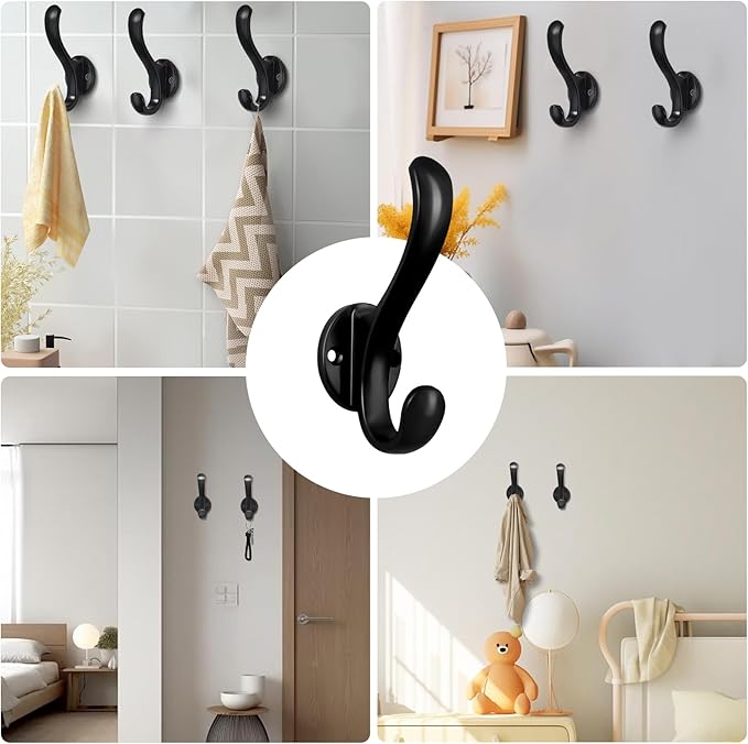 6 Pack Coat Hooks Wall Mount Heavy Duty Utility Retro Double Hooks for Hanging Coats,Hat, Towel, Key, Robe, Scarf, Bag, Cap (Black)