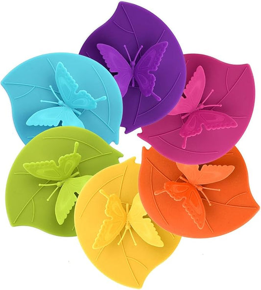 ME.FAN Silicone Cup Lids - Creative Butterfly Mug Cover - Anti-dust Airtight Seal Hot Cup Lids 6 Set in Bright Colors