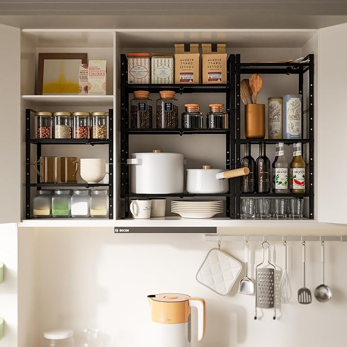 Multi-Functional Metal Shoe Rack,Expandable Adjustable Stackable Kitchen Organizer,Metal Shelf risers for cabinets, Kitchens and Closet, Bathroom(3Packs/Black/Medium)