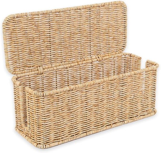 Cable Management Box, Handmade Rattan Cable Organizer, 2 Open Slots Cords Hider Box, Under Desk Cord Organizer for Computer Router USB Hub & Power Strip, Patent Pending, 13" x 5.1" x 5.1", Natural