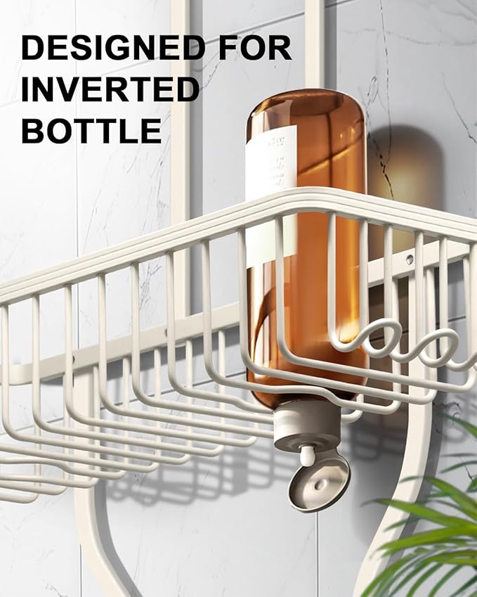 Shower Caddy Hanging - Never Rust Shower Hanging Organizer - Aluminum Over the ShowerHead Caddy with Soap Basket and 6 Hooks for Razor/Sponge (Milky White)