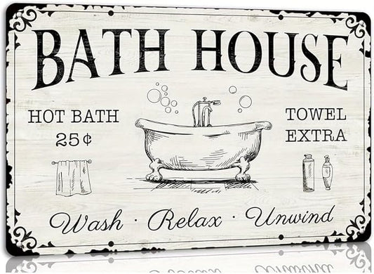 Bath House Vintage Metal Tin Sign - Relaxing Farmhouse Bathroom Wall Decor with Hot Bath Towel Extra Wash Relax Unwind Plaque - 8x12 Inch Retro Home Decor Gift