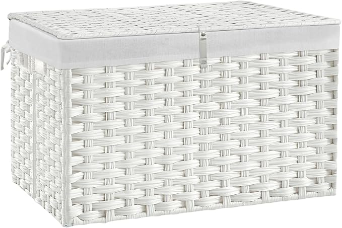 180L Wicker Storage Basket with Lid, Handwoven Rattan Large Shelf Basket with Removable Liner, 47.6 Gallon Wicker Basket for Blanket, Storage Trunk with Handle for Closet, Bedroom, Livingroom, White