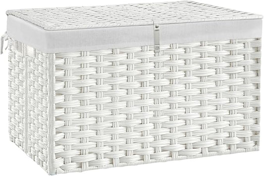 180L Wicker Storage Basket with Lid, Handwoven Rattan Large Shelf Basket with Removable Liner, 47.6 Gallon Wicker Basket for Blanket, Storage Trunk with Handle for Closet, Bedroom, Livingroom, White