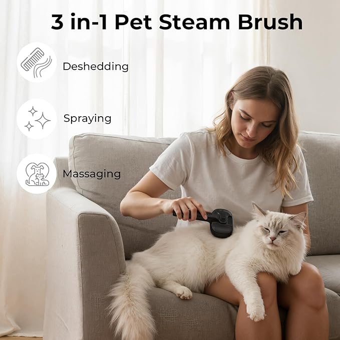 Pecute Cat Steam Brush, Self-Cleaning Steam Cat Brush with 2 Water Spray Modes, Large Capacity Tank, Steaming Renu Dog Brush for Shedding Massaging Grooming, Cool Mist Only