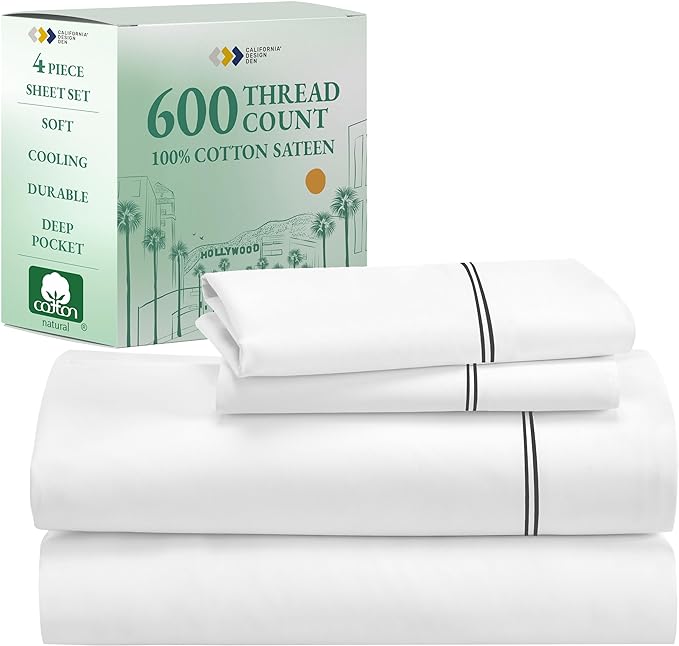 California Design Den King Size Sheet Set - 100% Cotton, 600 Thread Count, Deep Pocket King Sheets, Premium-Feel Bedding with Sateen Weave - White Embroidered Gray