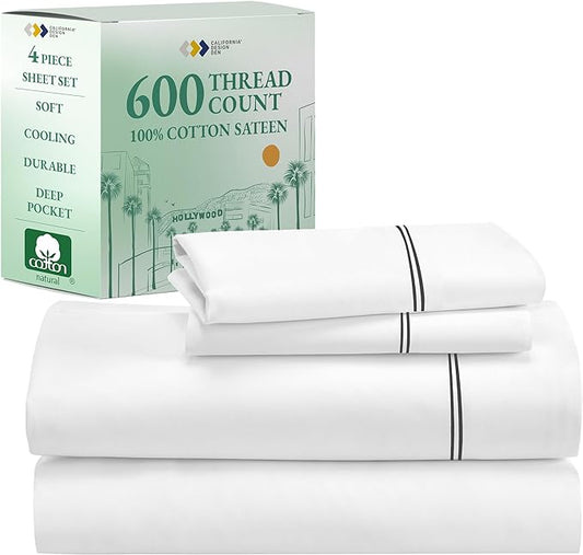 California Design Den King Size Sheet Set - 100% Cotton, 600 Thread Count, Deep Pocket King Sheets, Premium-Feel Bedding with Sateen Weave - White Embroidered Gray