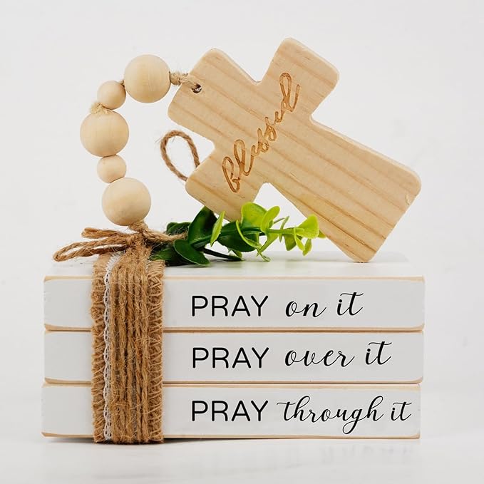 Farmhouse Mini Tiered Tray Decor, Religious Christian Book Stack, Pray On It Bookstack with Wood Bead Tassels and Cross,Christian Books Shelf Decoration (daztbible10)