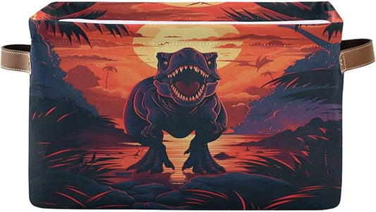 Large Storage Basket Dinosaur Storage Bin Cube Canvas Fabric Organizer Handles Collapsible for Clothes Toys Bedroom Decorative