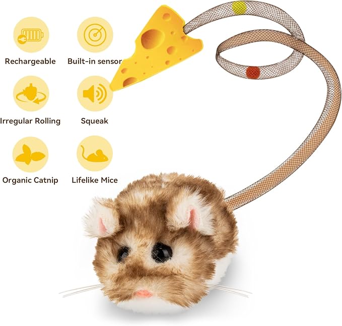 Migipaws Interactive MigiMouse Cat Toy 360° Rolling & Spin with Wiggling Tail for Indoor Cats Smart Motion Sensor, Realistic Squeak, Rechargeable Plush Kitten Toy(Brown Long)