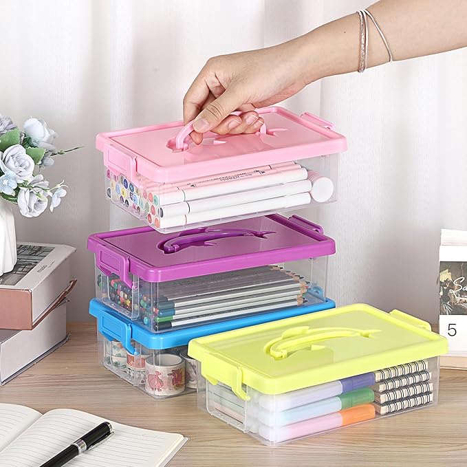 BTSKY 4-Pack Clear Plastic Storage Box with Lid, Stackable Organizer Featuring Easy-Lift Dolphin Design Multi-Use Portable Small Container for Home Craft Office Space-Saving with Secure-Clasp,4 Colors