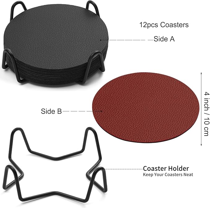 Drink Coasters With Holder - Faux Leather Set of 12, Dual Sided for Coffee Tabletop Protection, Non-Slip Washable Cups (Black Red)