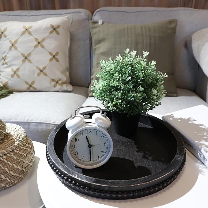 Round Wooden Serving Tray with Beads, Circle Vintage Black Wood Coffe Table Tray for Dining Room Table Centerpiece, Kitchen Counter