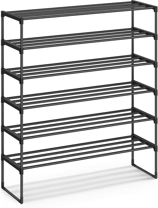 SONGMICS Shoe Rack, 6-Tier Shoe Organizer, Metal Storage Shelf, Upright or Upside Down, for 24-30 Pairs, Stackable, for Entryway, 11.8 x 36.2 x 42.7 Inches, Black ULSA306BH01