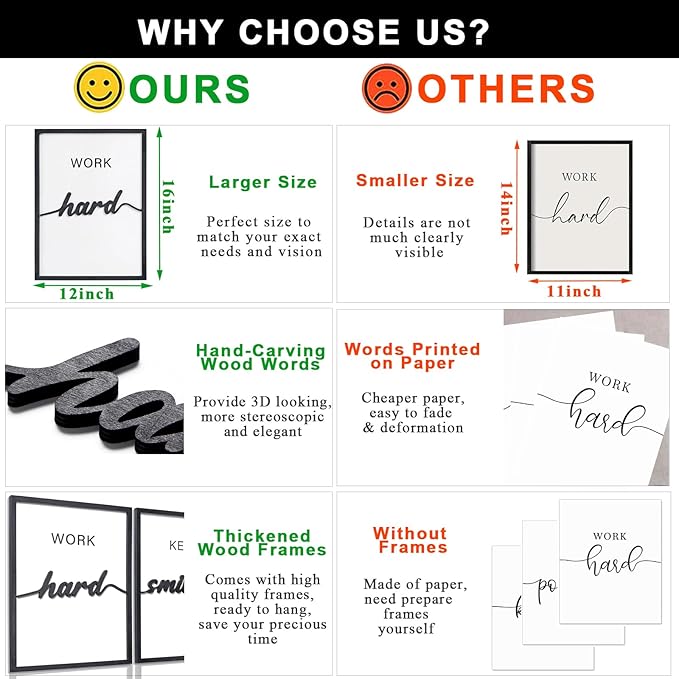 3D Wood Inspirational Office Wall Art, 36" x 16" Framed Black and White Motivational Wall Decor, Inspirational Quotes Wall Art for Home Office Bedroom (Ready to Hang, Set of 3, Framed)