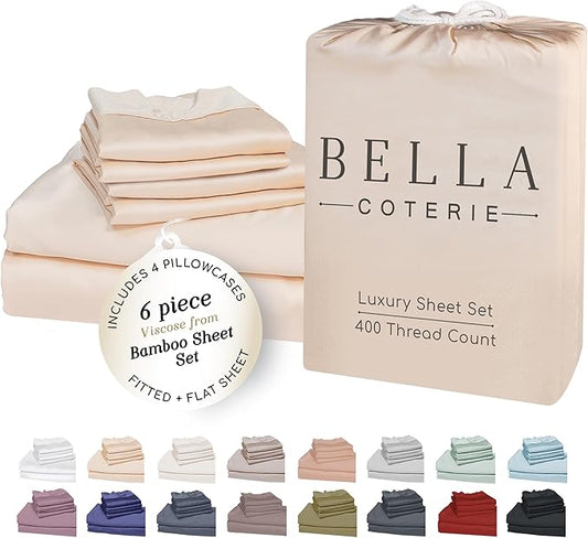 Bella Coterie 6 Piece Luxury Bamboo Viscose King Size Sheet Set | 100% Organically Grown | Cooling for Hot Sleepers | 18" Deep Pocket | Soft & Hypoallergenic | 4 Pillowcases [Champagne]