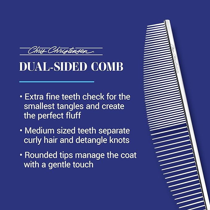 Chris Christensen 00C 6.5 in Crescent Coarse/Fine Finishing Butter Comb, Groom Like a Professional, Rounded Corners Prevent Friction and Breakage, Solid Brass Spin with Steel Teeth, Chrome Finish