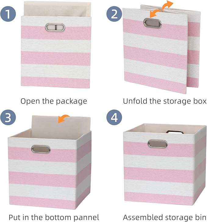 11x11 Cube Storage Bins, Collapsible Fabric Storage Cubes, Cubby Storage Organizer Bins Striped Container Baskets for Organizing Home Office Wardrobe Closet Shelf, Pack of 4, Pink/White