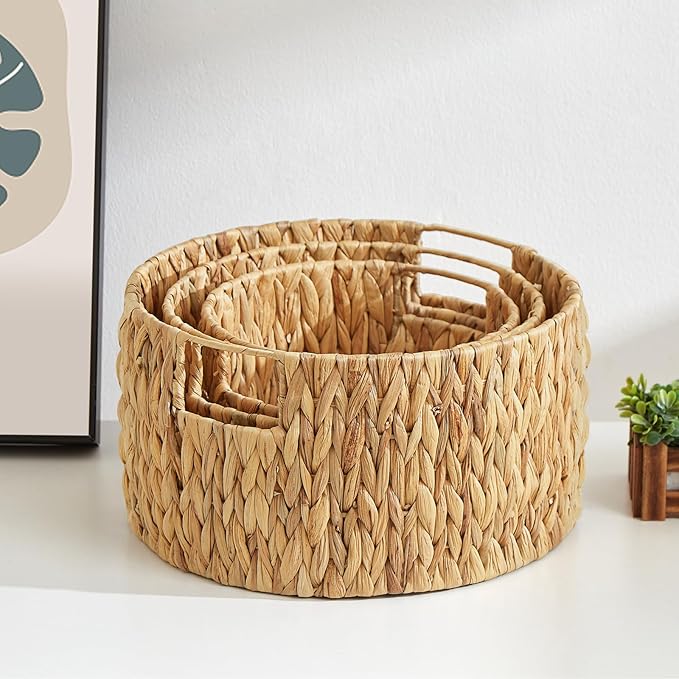Vagusicc Wicker Storage Basket, Hand-Woven Water Hyacinth Large Round Woven Basket With Handles, Wicker Baskets for Organizing/Storage, 3-Pack