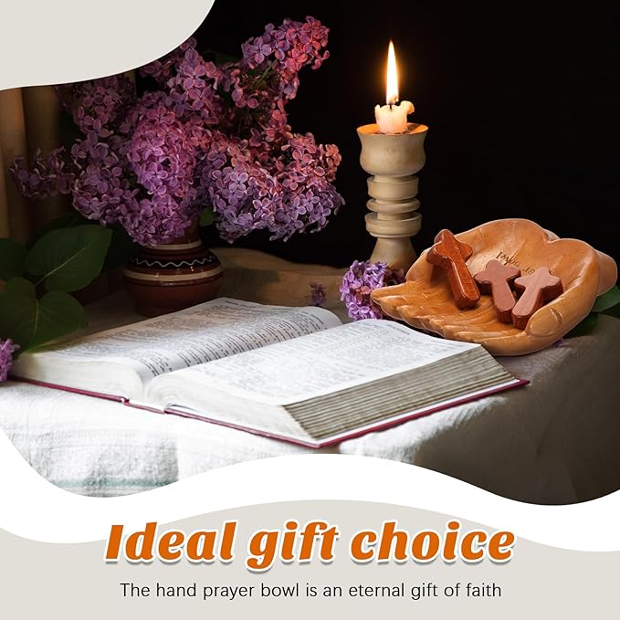 LemonRoad 36 Pcs Hands Shaped Prayer Bowl Set Wooden Prayer Bowl with 5 Wood Hand Held Crosses 30 Printed Cards for Mom Dad Christian Gift Religious Birthday Retirement Home Table Decor