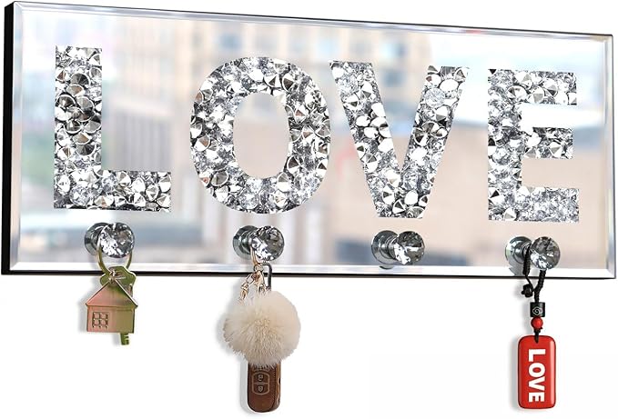 Crystal Mirrored Love Letter Plaque Sign Key Holder, Silver Mirror Decoration, Wall Mounted Home Decor, 15"5.9"1.6"