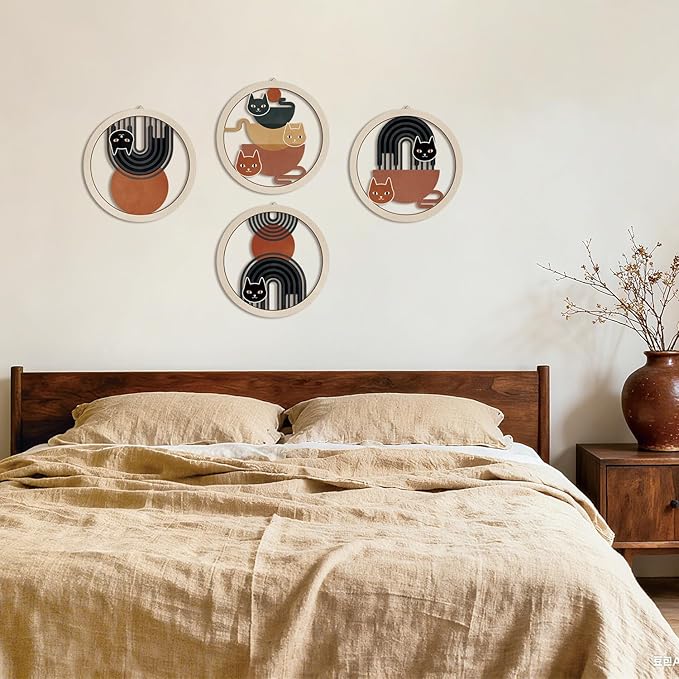 HPNIUB Boho Black Cat Wall Decor, Farmhouse line Geometric Coffee Tea Hanging Wooden Wall Art, 4 Pieces 10''x10'' Mid Century Abstract Sun Wood Sign for Nursery Bedroom Decoration, Lovely Cat Gifts