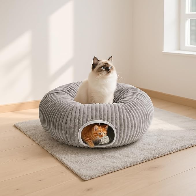 Cat Tunnel Bed for Indoor Cats, Peekaboo Cat Cave Bed,Soft Cat Donut Tunnel for Kitten Large Cats, Cat Tunnel Christmas Tree Skirt, Grey