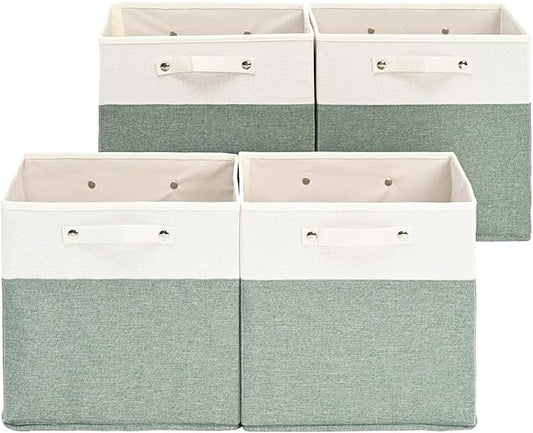 13 x 13 Inch Fabric Storage Cube Bins, 4 Pack Fine Linen Storage Boxes with Handles, Collapsible Basket Organizers for Shelves (White/Green)