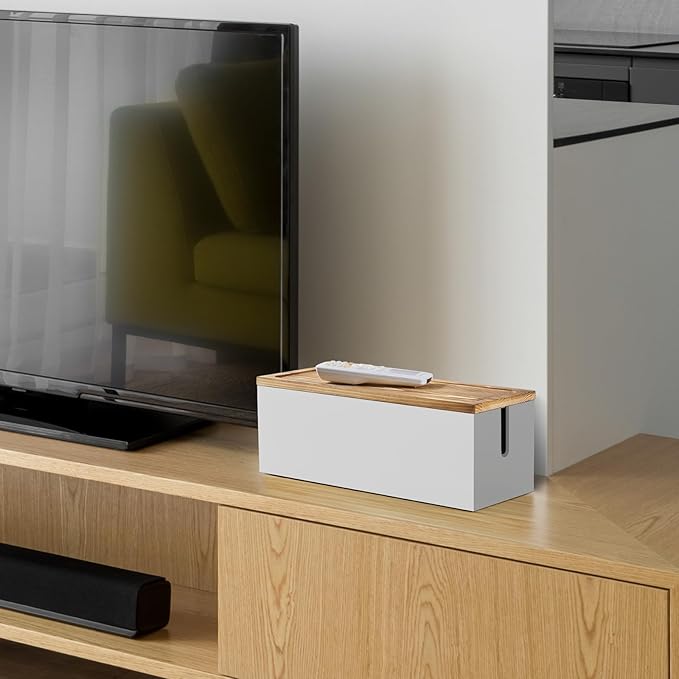 Large Cable Management Box, Wooden Cord Organizer Box for Desk, Floor, Office to Hide Extension Cords Power Stripes Surge Protectors Chargers Wires, White