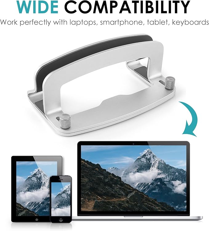 Aluminum Vertical Laptop Stand, MacBook Pro Laptop Vertical Stand Dock Holder with Adjustable Slot Fits All Laptops Notebook Tablets MacBook Air- Save Space & Improve Airflow, Silver
