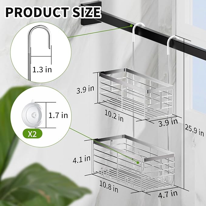 SHANSHUI Shower Hanging Caddy, Double Bathroom Showers Organizer Basket, Shampoo Bracket, Over Door Shower Rack with Hooks, 304 Stainless Steel Rustproof