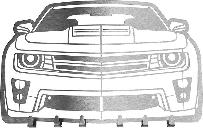 MOOH Car Key Holder for Wall - Metal Automotive Key Holder with 6 Hooks - Unique Car Gift for Men, Women, Car Lovers & Enthusiasts - Cool Man Cave Decor (Chevy Camaro 2014, Stainless Steel)
