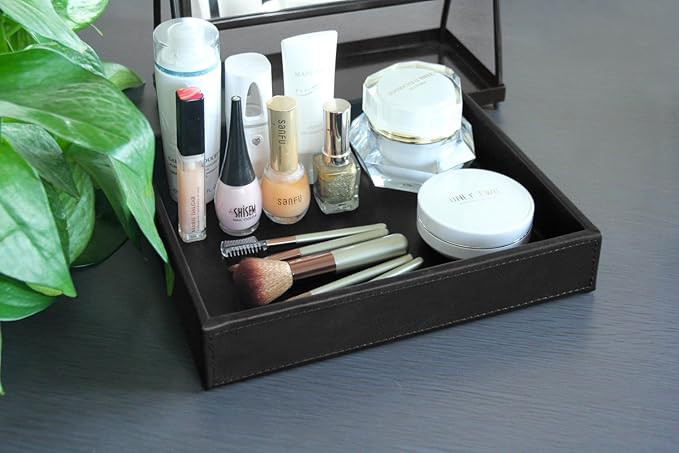 HofferRuffer Faux Leather Vanity Tray, Elegant Desktop Storage Organizer, Decorative Catchall for Perfume, Bathroom Valet, Nightstand or Dresser, Black, 10.2 x 8.4 x 1.8 Inches