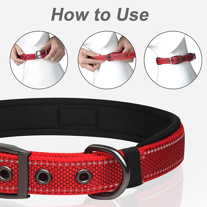 PetiFine Dog Collar with Metal Buckle, Heavy Duty Dog Collar with Soft Neoprene Padded, Adjustable Reflective Nylon Dog Collars for Small Medium Large Dogs, Red,S