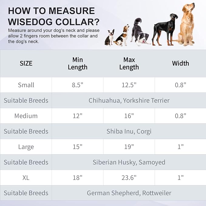 Wisedog Waterproof Dog Collar: Multiple Adjust 7" to 23.6", Soft Rubber Coated Webbing, Easy to Clean, for Small Medium Large Dogs (L|15"-19" × 1 in, Blue)