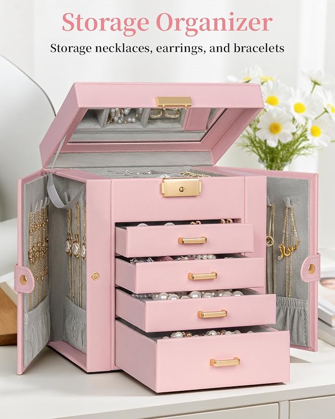 TORIBIO Jewelry Box for Women, Leather Jewelry Organizer with Mirror & Lock, 5-Tier Jewelry Storage Organizer with 4 Drawers for Girls/Women/Mothers, Necklace Earring Bracelets Holder Organizer
