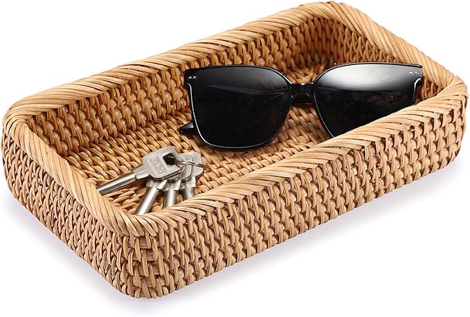 Hipiwe Natural Rattan Tray Key Basket for Entryway Table Rectangle Wicker Basket Trays for Remote Trinket Decorative Rattan Storage Basket Home Decor,10"x 5.9"x 2.2"