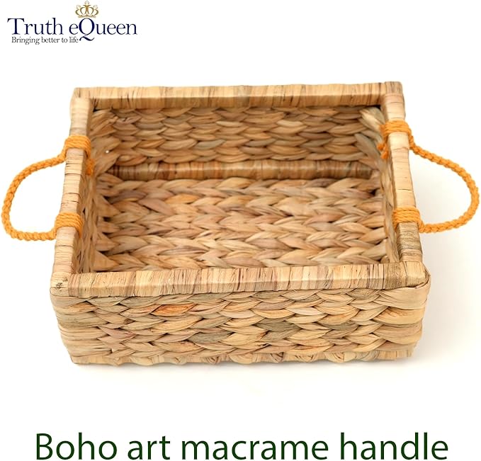 Water Hyacinth Storage Baskets For Organizing, Wicker Baskets For Storage With Macrame Handle, Small Woven Basket Small Wicker Blanket Basket For Organizing, Rectangular Woven Blanket 12x9x5 In