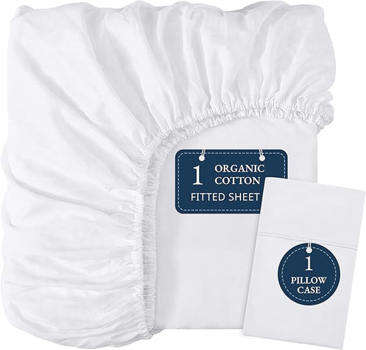 LANE LINEN Twin Fitted Sheets, 100% Organic Cotton 2-Piece Set (1 Fitted Sheet, 1 Pillowcase), Percale Weave, Bottom Sheet, Soft, Breathable, Fits Mattress Upto 15' Deep - White (No Flat Sheet)