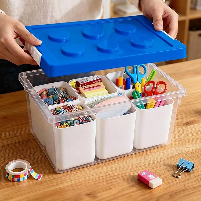 loobuu Plastic Storage Bins with Lids, Art Craft Supply Organizer Box with Brush Pot, Multipurpose Stackable Storage Containers for Organizing Tool, Craft, Crayon,Sewing (Blue)