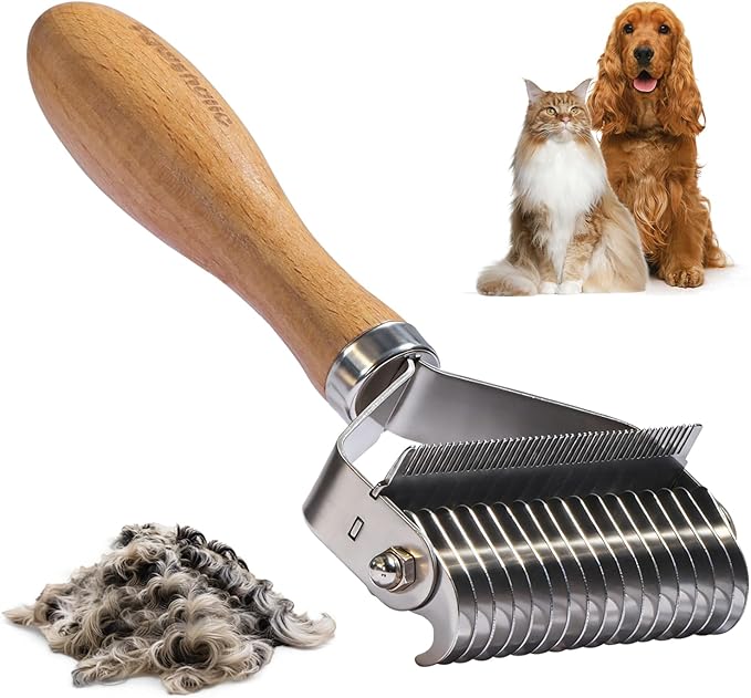 3-in-1 Professional Pet Shedding Dematting Comb - Deshedding Undercoat Rake for Dogs with Stainless Steel Blades Metal Pet Brush with Wood Handle Matted Hair Detangling Thinning and Shedding