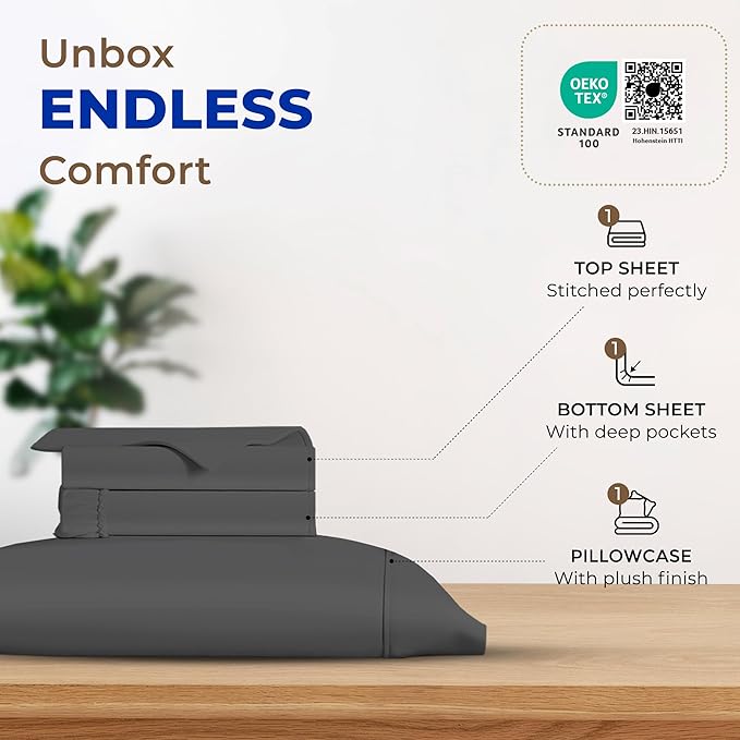 THREAD SPREAD Luxury Pure Egyptian Cotton Sheets Twin XL Size - 600 Thread Count 3 PC Twin XL Sheets Deep Pockets, Cooling Sateen Weave College Dorm Bedding Twin XL, Fits Mattress Upto 18"- Dark Grey