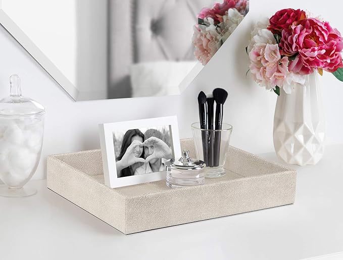 HofferRuffer Elegant Desktop Organizer, Vanity Tray, Bathroom Storage Tray Holder, Dresser Jewelry Tray, Change Coin Key Watch Catchall Tray, 10.2 x 8.4 x 1.8 inches (Light Grey Faux Leather Shagreen)