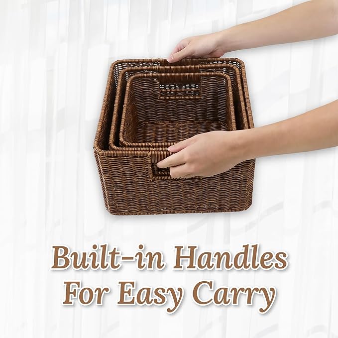 Baskets with Handles, Wicker Storage, Shelf Boxes for Organizing, Decorative Resin, Set of 3, Toffee