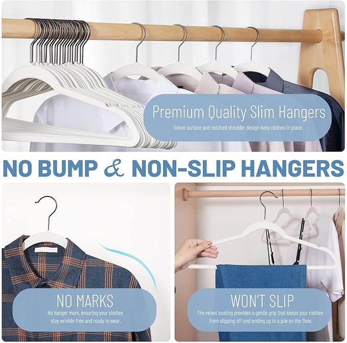 HOUSE DAY White Velvet Hangers 60 Pack, Non Slip Felt Hanger, Slim Velvet Clothes Hangers for Suits, Shirt, Heavy Duty Coat Hanger for Closet
