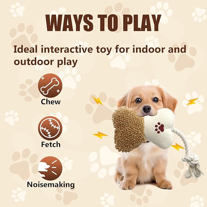 Bone Squeaky Plush Dog Toy with Rope – Durable Crinkle Chew Toy for Small and Medium Dogs, Interactive Indoor Dog Toy for Boredom and Teeth Cleaning