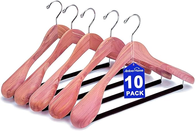 Amber Home 10 Pack American Red Cedar Wood Coat, Suit Hangers with Extra Wide Shoulder, Wooden Jacket Clothes Hanger Smooth Deluxe Aromatic Natural Cedar with Non Slip Velvet Pant Bar