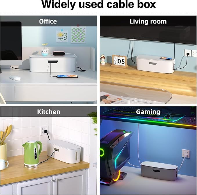 Cable Management Box - Large Cord Organizer Box to Hide Power Strip & Under Desk, TV Computer Wires Cable Organizer Box with Baby Proofs, Desk Cord Organizer for Home/Office - White