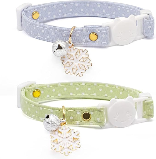 2 Pack Cotton Breakaway Cat Collar with Bell Green&Blue White Snowflake Pendant Cute Kitten Cat Collar Suitable for Girls and Boys