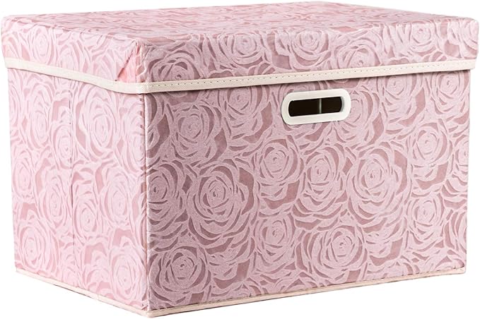 PRANDOM Larger Collapsible Storage Bin with Lid [1-Pack] Fabric Decorative Storage Box Cube Organizer Container Baskes with Handles Divider for Bedroom Closet Living Room Pink 17.7x11.8x11.8 Inch